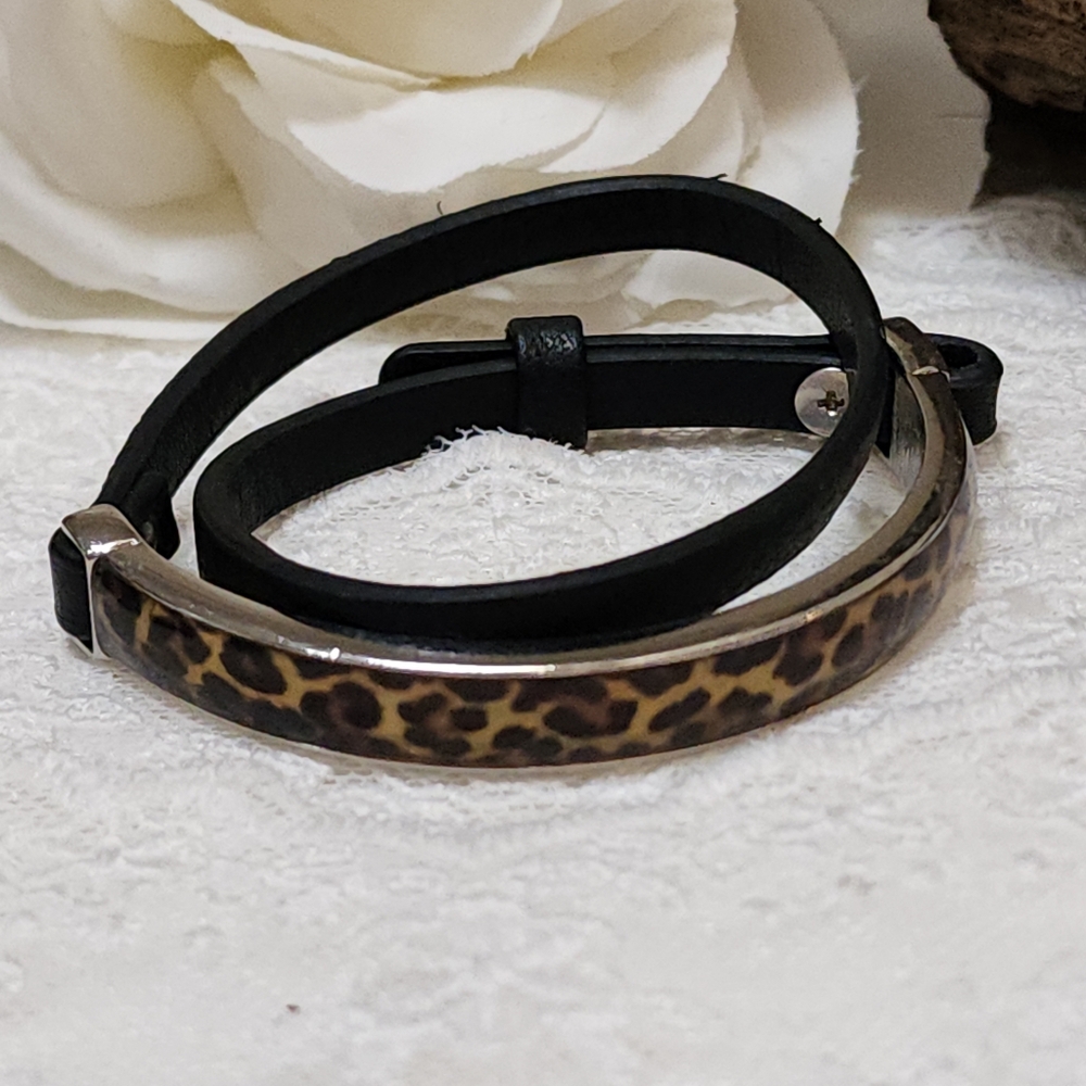 Vintage Lia Sophia Leopard Print Black Leather Wrap Bracelet